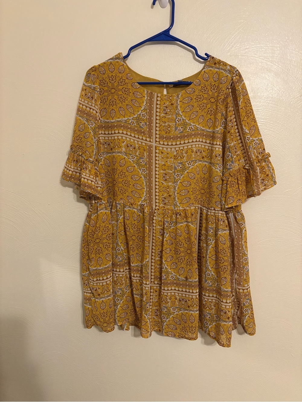 Hayden Los Angeles Boho Babydoll Blouse Mustard Paisley Ruffle Sleeve Top Large